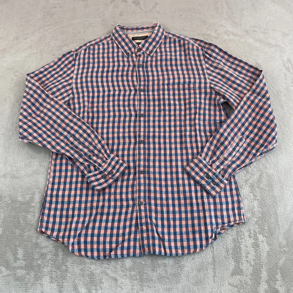 Banana Republic Shirt Men Large Blue Orange Check 100%‎ Linen Camden Fit Preppy